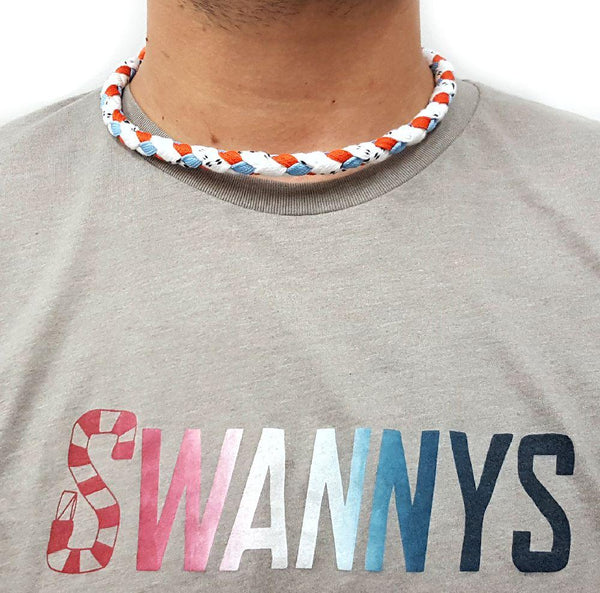 Hockey Lace Necklace - White, Orange and Light Blue by Swannys